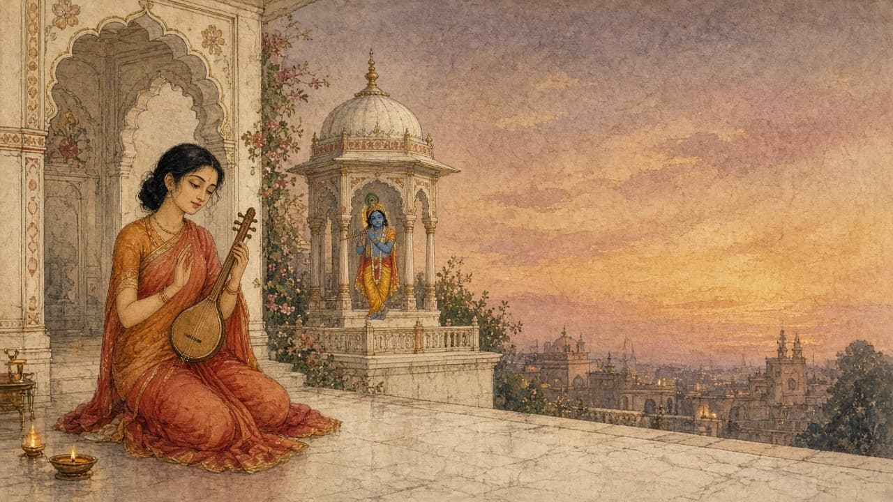 Painting of Meerabai singing in a courtyard