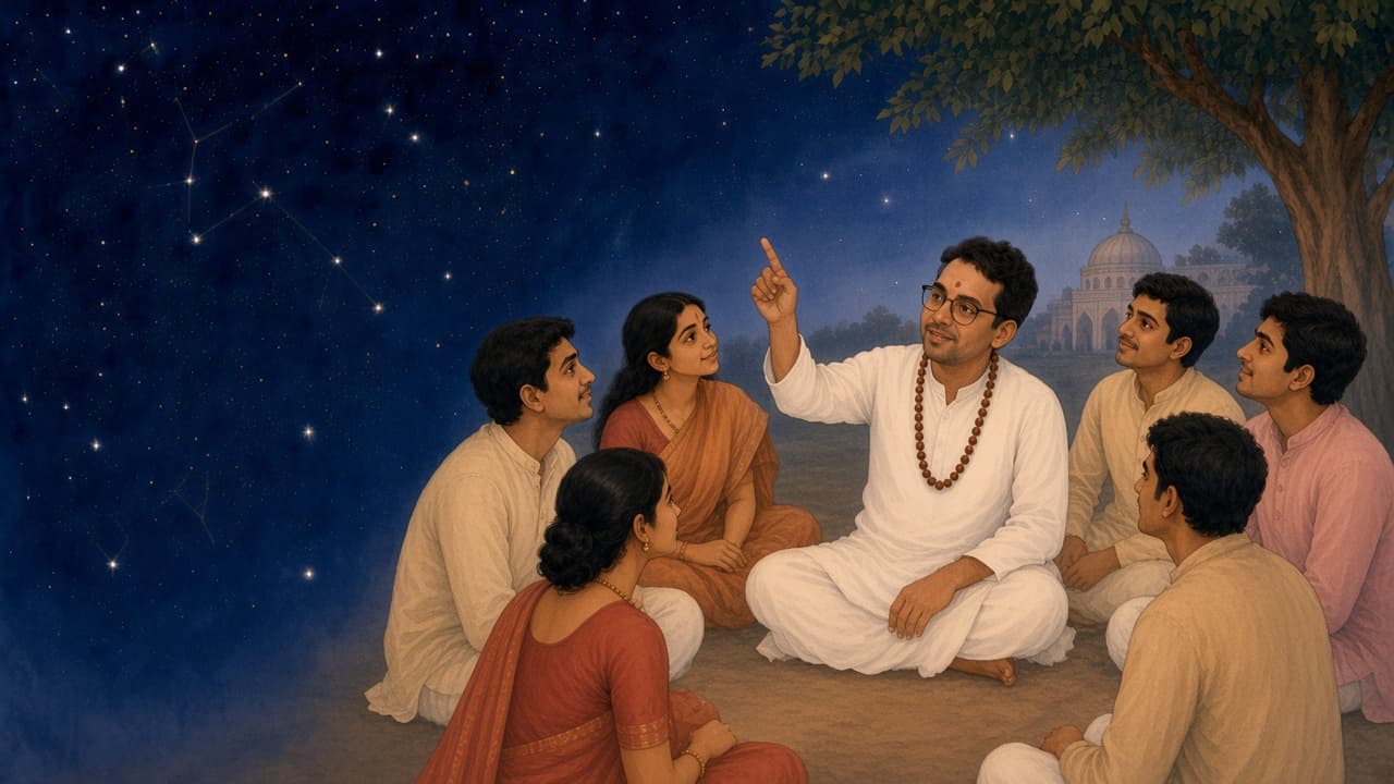 Kiran Shankar showing three women and three men the stars